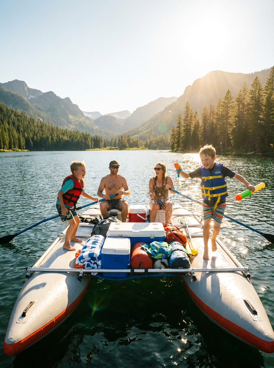 Family with kids on an inflatable catamaran in calm bay water