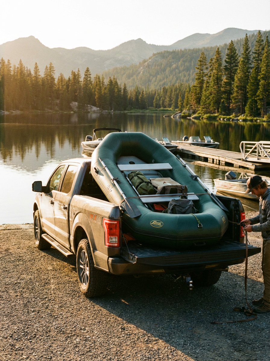 Portable inflatable fishing boat loaded in a pickup truck bed
