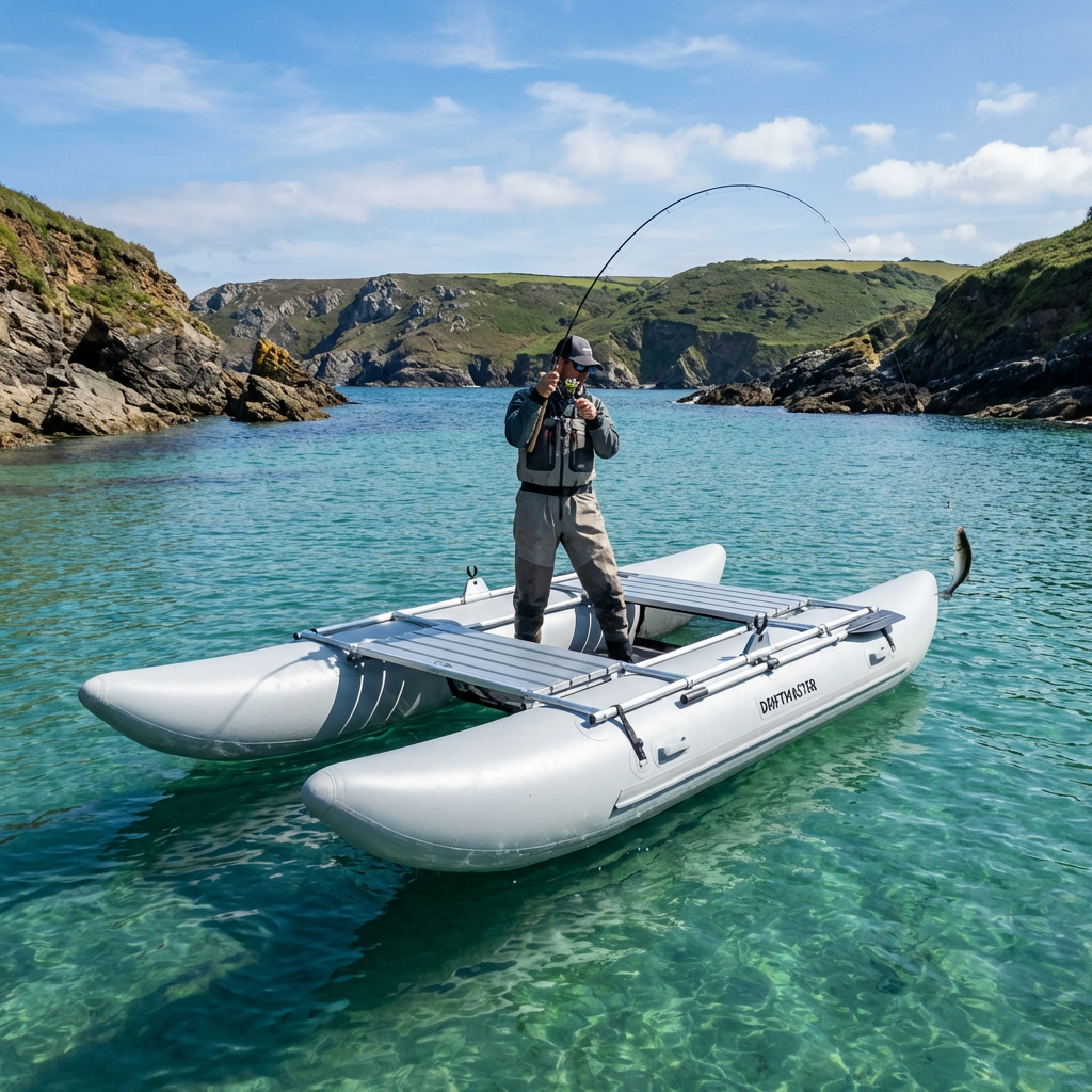 Inflatable catamaran with fisherman casting a line in a coastal cove