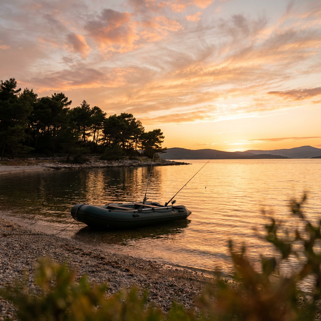 Inflatable boat anchored in a calm bay at sunset