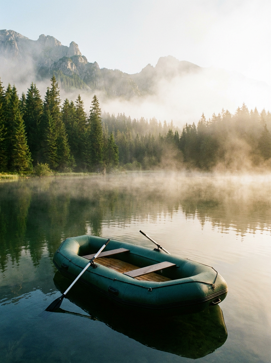 Inflatable catamaran boat anchored on a calm lake at sunrise