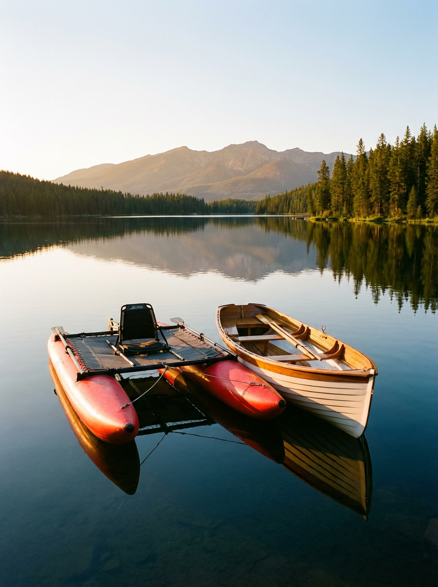 Side-by-side comparison of inflatable catamaran on a lake shore and traditional aluminum boat on trailer