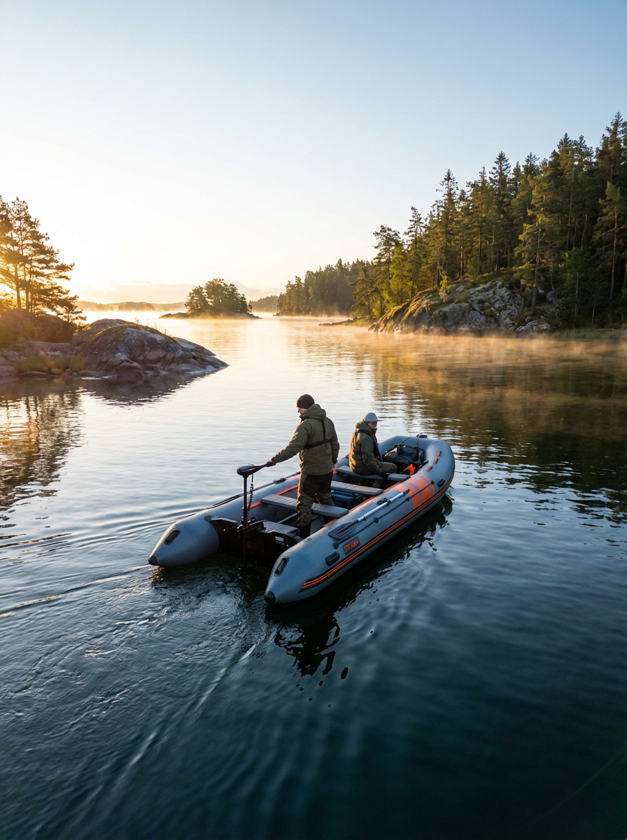 Inflatable catamaran with electric trolling motor mounted on stern, moving across calm bay water