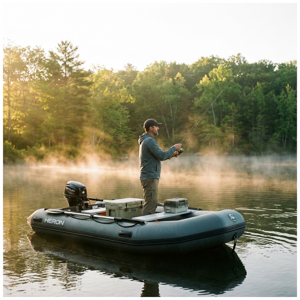Dad fishing from inflatable boat in a calm back bay at sunrise